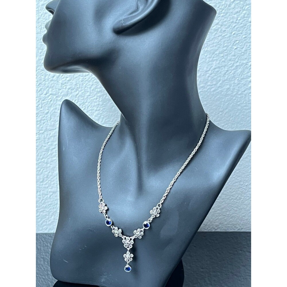 Vintage 925 Sterling Silver Marcasite Flower Faux Sapphire Festoon Necklace